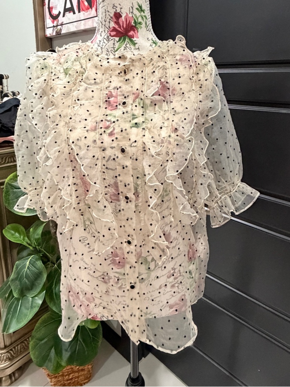 Zara Cream Sheer Polka Dot Blouse with Pink Floral Print - Picture 3 of 11